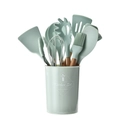 Mint green silicone kitchen utensil set with wooden handles in a matching storage bucket - Big Bucket Style / Aqua Green