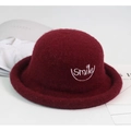 Deep burgundy wool felt cloche hat with white Smile embroidery for kids' autumn wear - One Size (3-6 Years) / Burgundy