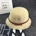 Cappello di paglia beige per bambini con fiocco marrone scuro e tesa con frange - Beige