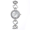 Detail of silver alloy watch with heart-shaped link bracelet and rhinestone bezel - Silver