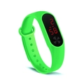 Macro view of neon green silicone sports wristband with red LED digital time display - Green
