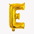 Close-up of a 32 inch shiny golden aluminum foil balloon in the shape of letter E - Letter E