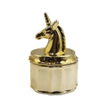 Macro detail of golden ceramic jewelry jar with 3D unicorn head lid and textured finish - Unicorn Jewelry Box