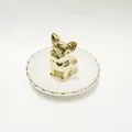 Nordic gold French Bulldog ceramic jewelry tray with a white scalloped edge base - Gold Bulldog Jewelry Stand