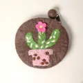 Handmade brown wool felt cactus coin purse with cute pink flower and zipper closure - Brown Cactus / Brown