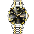 Men's two-tone gold and silver watch with black roman dial and double calendar display - Gold Band Black Dial