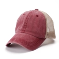 Detail of vintage washed cotton trucker hat with burgundy front and breathable mesh back - Burgundy