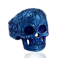 Detail of vintage blue skull ring featuring intricate floral punk carvings on titanium steel - US 7 / Blue