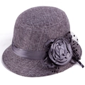 Elegant grey linen texture cloche hat for women featuring ribbon and large rose flower decoration - 58cm / Dark Gray