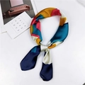 Artistic square silk scarf with mustard, navy, and pink geometric color block design - 70cm / 10 Color Block Navy Blue