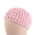 Close-up of pink handmade crochet hairnet with intricate mesh pattern for women - Pink