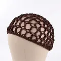 Detail of hand-crocheted dark brown snood hair net with retro hollow mesh structure - Coffee
