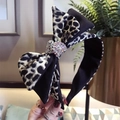 Leopard print headband with double bow and sparkling rhinestone centerpiece decoration - Grey Leopard