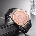 Detail macro shot of rose gold mechanical chronograph watch with black rubber strap - Rose Gold Case Decorative Logo Black Dial(9)