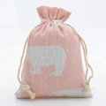 Pink and white drawstring jewelry pouch with polar bear pattern in linen texture - Pink Bear