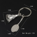 Badminton themed keychain with miniature metal racquet and shuttlecock in silver - Mini Badminton