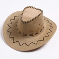 Khaki suede western cowboy hat with wide brim and decorative black edge stitching - Camel