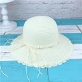 Detail of woven straw sun hat featuring elegant bead trim and wavy scallop edge brim - M (56-58cm) / Creamy White