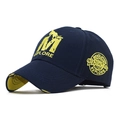 Detail of 3D embroidered logo and distressed brim on navy cotton baseball cap - Adjustable / Washed Blue Yellow (2)
