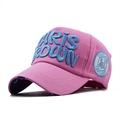 Detail of pink cotton baseball cap with blue 3D embroidery and distressed brim - Adjustable / Pink (Blue Embroidery)