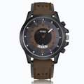 Men's fashion military sport watch with black dial, brown leather strap and calendar - Brown