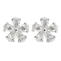 Detailed macro view of silver flower stud earrings with pear-shaped zircon petals - White