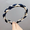 Elegant navy blue woven satin headband with faux pearls and sparkling crystal rhinestones - Navy Blue