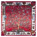 Ethno-Seidenschal 90cm mit Lebensbaum-Motiv und Tiermuster auf rotem Hintergrund - 90cm / Rot