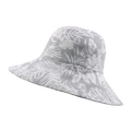 Women's grey bucket hat with white tropical palm leaf print and wide sun-shielding brim - Gray