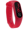 Detail view of red LED digital sports watch with flexible silicone strap and time display - Red