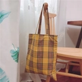 Japanese style yellow plaid tote bag in durable thick canvas with secure zipper closure - Yellow (Double Straps Shoulder)