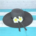 Women's black wide brim straw sun hat with white frangipani flowers and silk ribbon - M (56-58cm) / Black-Large Brim Plumeria