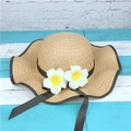 Women's summer straw hat with wide wavy brim, dark ribbon and tropical flower decor - M (56-58cm) / Light Coffee-Bound Edge Plumeria