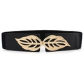 Women's black elastic waist belt with gold leaf buckle on a clean white background - EL101 Black 75cm