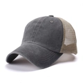 Detail of distressed grey washed cotton and breathable beige mesh on back of trucker hat - Adjustable / Gray