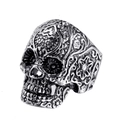 Anillo de calavera vintage para hombre en acero inoxidable con grabados florales sobre blanco - US 7 / Color Acero