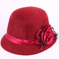 Women's burgundy linen cloche hat featuring large satin flower and black polka dot mesh veil - 58cm / Purplish Red