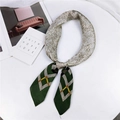 Elegant beige silk-style neck scarf with dark green geometric diamond ends for women - 70*70cm / Marble Green