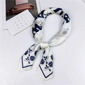 Elegant cream and navy blue rose pattern satin neck scarf for women shown in detail - 70cm / 26 GRLPWR Navy Blue