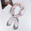 Pale pink satin square scarf with cartoon illustration and geometric V-shaped edge design - 70cm / 13 Leisure Time Pink