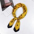 Silky yellow square scarf with black camellia flower pattern and pointed edge - 70cm / 20 Small Floral Yellow