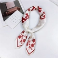 Elegant beige silk square scarf with red rose pattern and decorative knotting style - 70cm / 25 GRLPWR Red