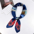 Elegant navy and red geometric print silk scarf tied in a stylish French knot style - 70cm / 7 Saddle Blue Red