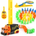 Detail view of electric domino train set with RC remote, colorful blocks and launch ramp - Remote Control Domino LB8355 (Orange Black)
