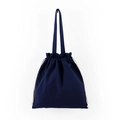 Detail of dark blue canvas drawstring tote bag with beige straps on white background - 34*37cm / Navy Blue