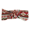 Detail view of Bohemian headband featuring a multi-colored geometric print and knotted design - Red Diamond