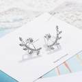 Silver leaf earrings with cubic zirconia crystals in elegant forest style branch design - Copper / Silver