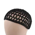 Detail of black handmade crochet hair net with intricate hollow knit pattern on a mannequin - Black
