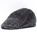 Detail view of washed dark gray denim beret featuring yellow contrast stitching accents - Adjustable / Black