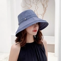 Women's foldable navy blue wide brim sun hat with metallic buckle detail in cotton canvas - M (56-58cm) / Gray